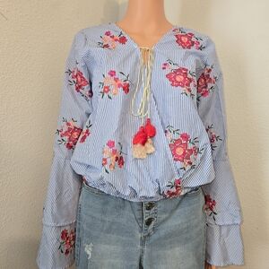 Sage Blue Blouse with Pink Floral Embroidery